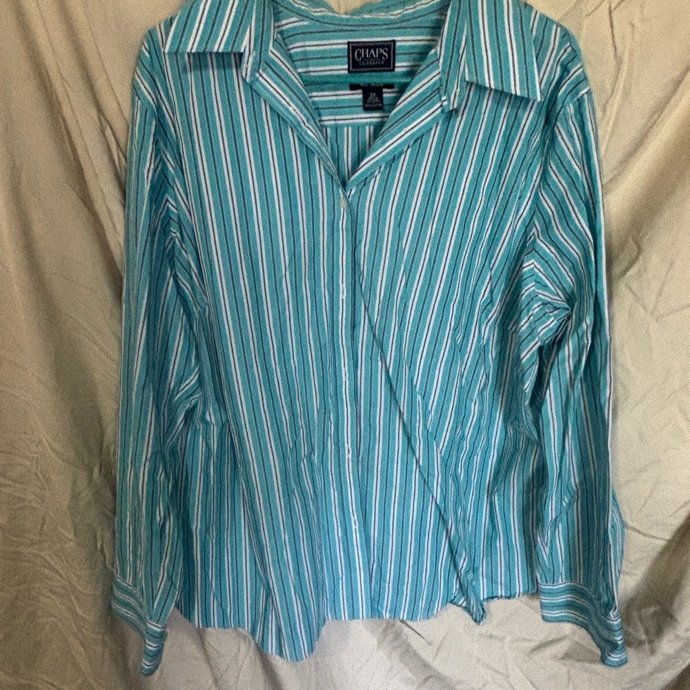 Chaps women’s Teal and White Striped Button Down Shirt